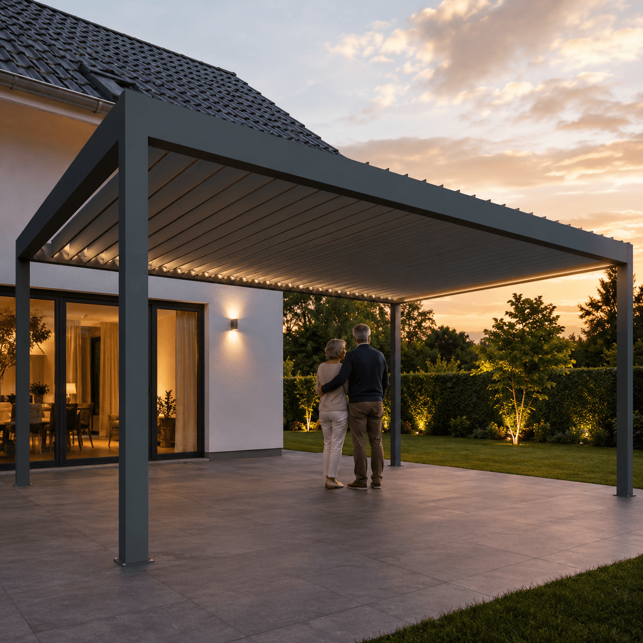 Aluminium-Lamellendach über einer Terrasse im Abendlicht